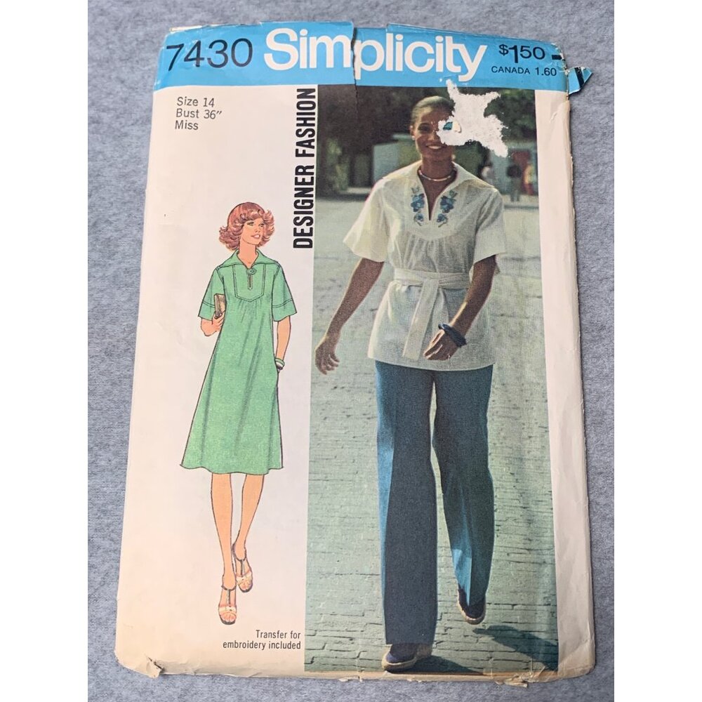 Simplicity 7430 Sewing Pattern Misses Tunic Dress Pant Size 14 1976 Vintage Uncu